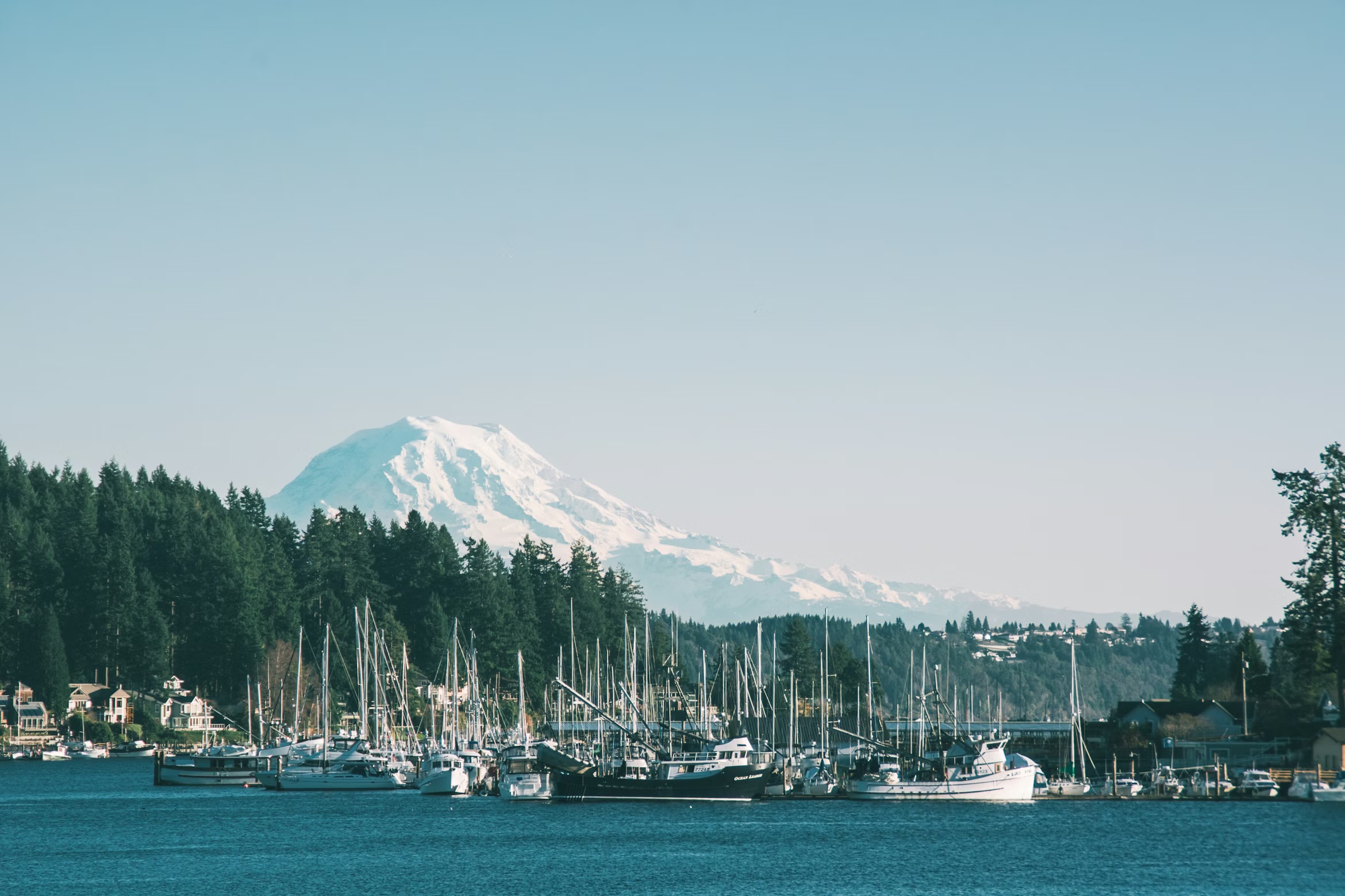 Gig Harbor marina on Puget Sound with fishing boats and Mount Rainier in the distance